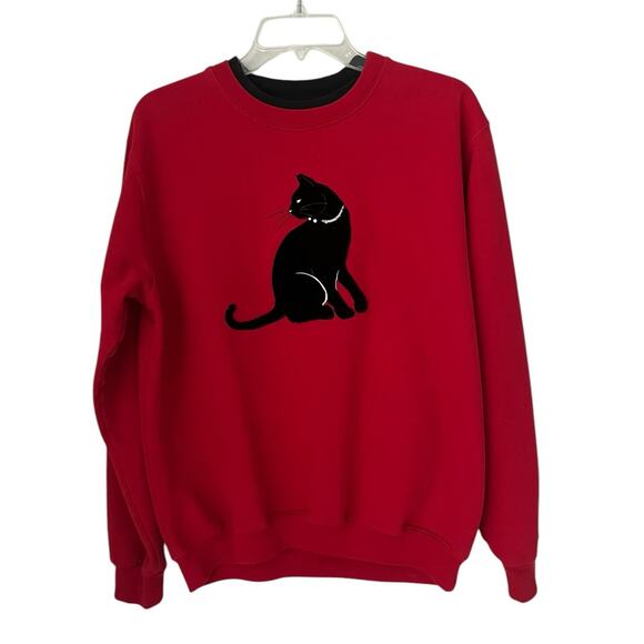 Velvet Black Cat Crazy Cat Lady Red Sweatshirt Crew Pullover Grandma Size Large - Picture 1 of 10